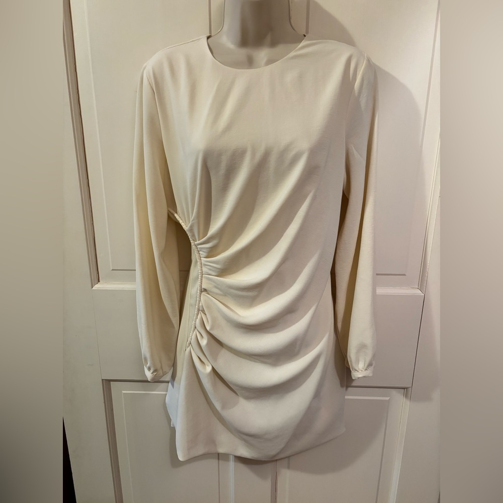 Zara Cream Long-Sleeve Ruched Dress